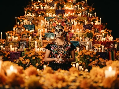Retrato fine art de Día de Muertos frente a altar monumental de cempasúchil iluminado con velas