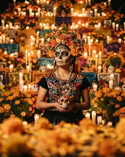 Bodegón fine art de cempasúchil y velas de cera sobre altar