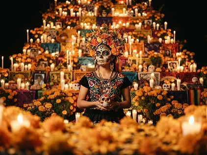 Retrato fine art de Día de Muertos frente a altar monumental de cempasúchil iluminado con velas