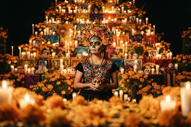 Retrato fine art de Día de Muertos frente a altar monumental de cempasúchil iluminado con velas