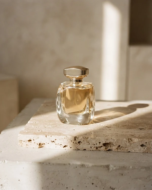 Bodegón editorial de producto de lujo sobre travertino