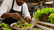 Chef garnishing fresh salad with LocalLeafs microgreens