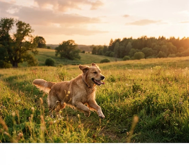 A happy dog running through a sunlit meadow
