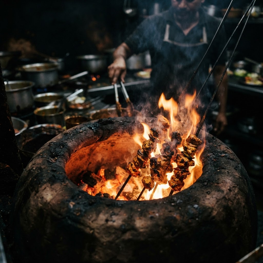 Traditional tandoor oven with flames and glowing embers