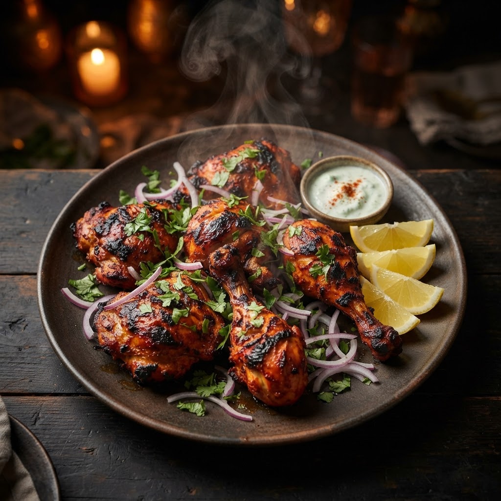 Smoked tandoori chicken with char marks, lemon and coriander