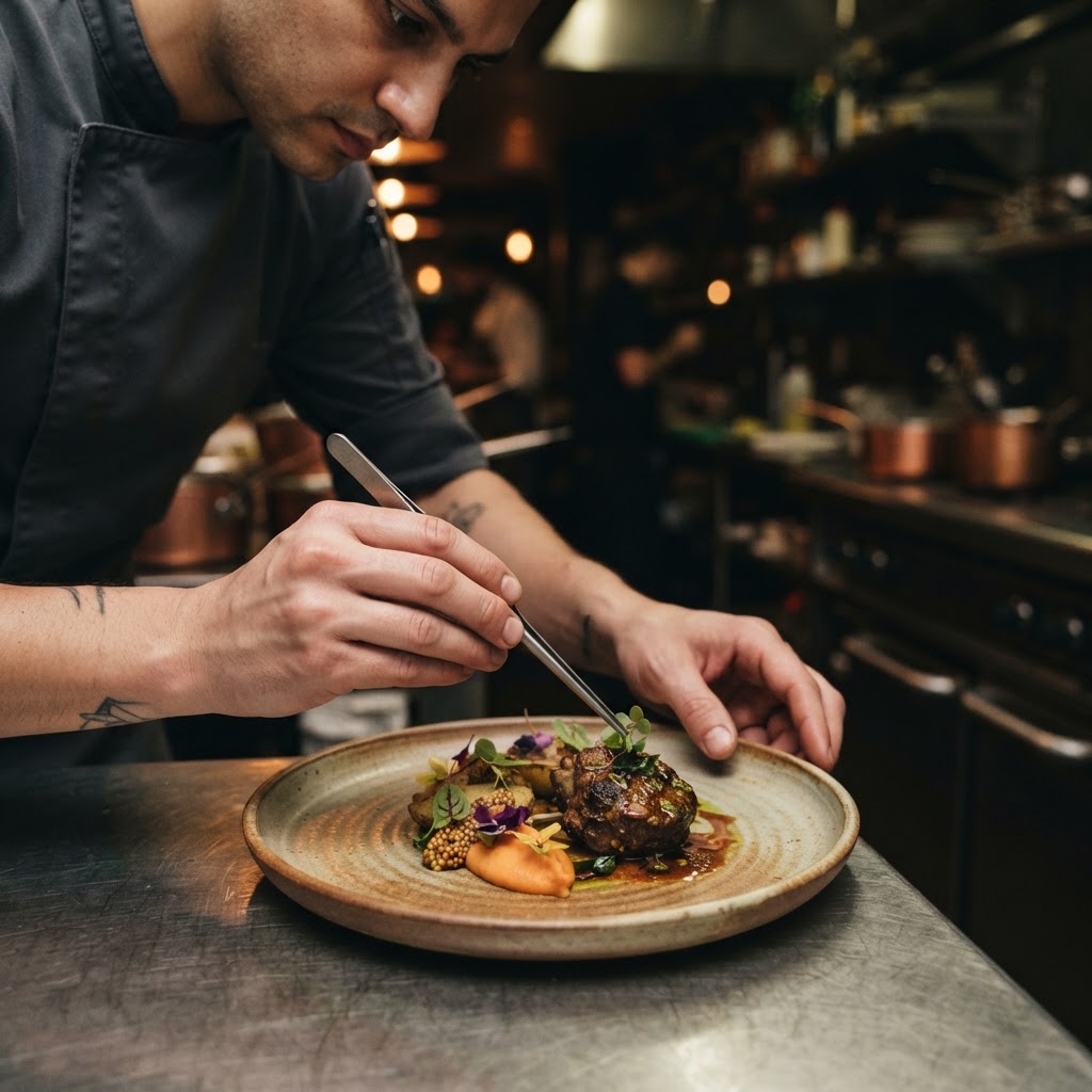 Chef plating a modern Indian-inspired dish with precision