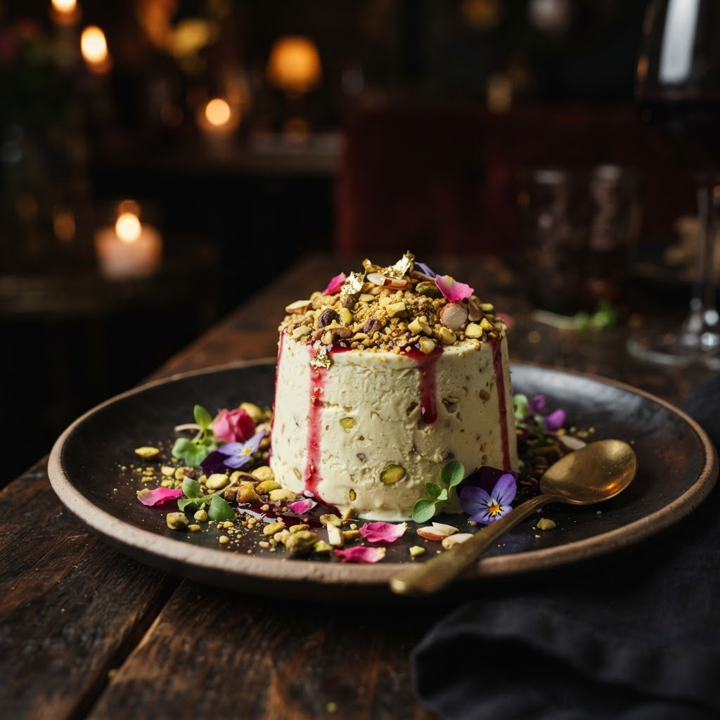 Pistachio kulfi dessert with crushed nuts and rose syrup