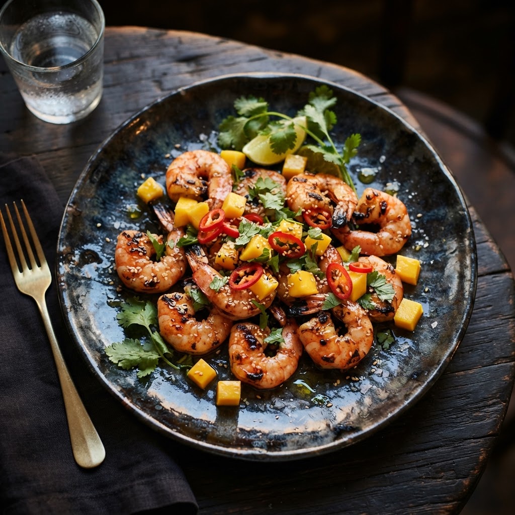 Grilled prawns with mango, chilli and fresh coriander
