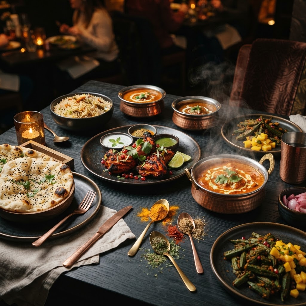 Modern Indian-inspired dishes beautifully plated on a dark table with warm amber lighting