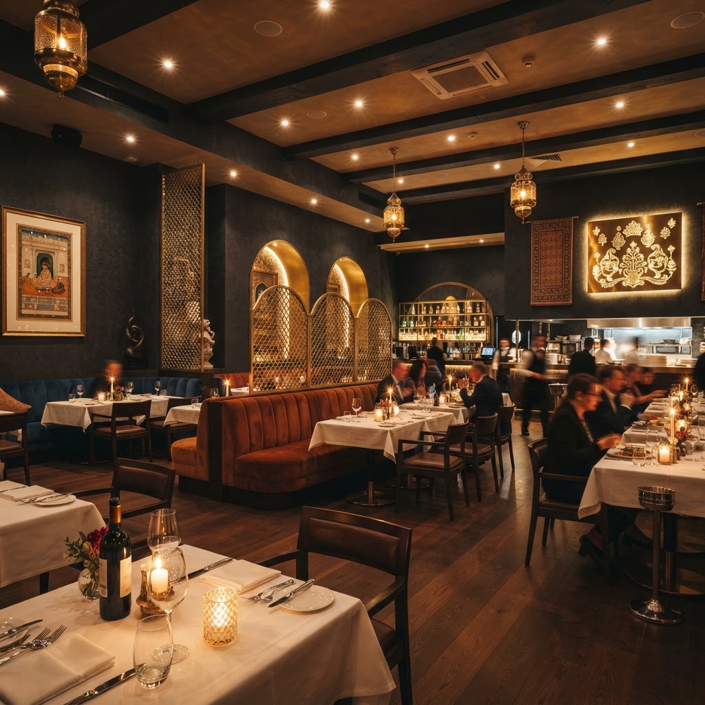 Elegant restaurant interior with warm amber lighting and dark charcoal walls