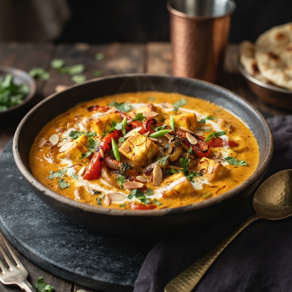 Saffron butter paneer with roasted peppers in a creamy golden sauce
