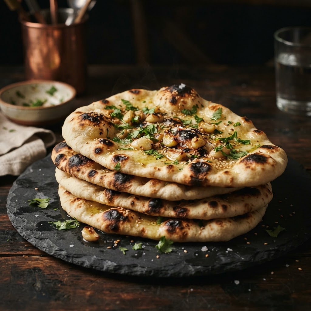 Charred garlic naan bread with roasted garlic and herbs
