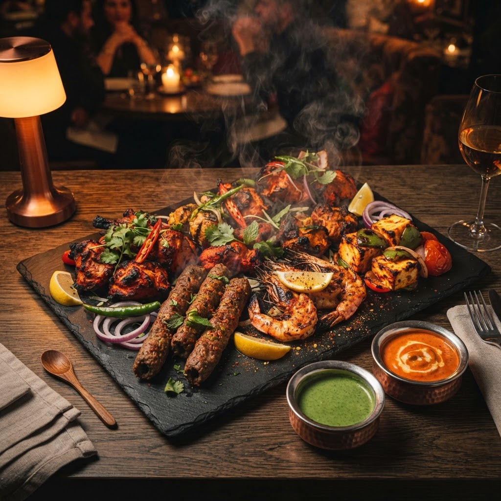 Charred tandoori platter with grilled meats, prawns, paneer and house-made sauces