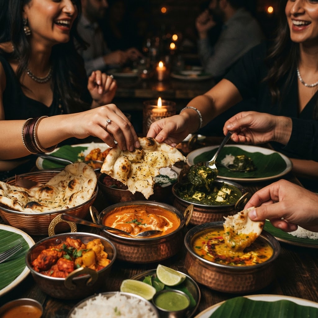 Guests sharing Indian food at a warm restaurant table