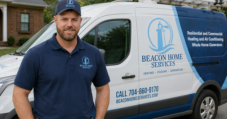 Beacon Home Services technician in front of a branded service van