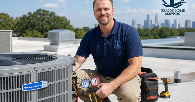 Beacon technician on a rooftop checking HVAC gauges on an American Standard unit
