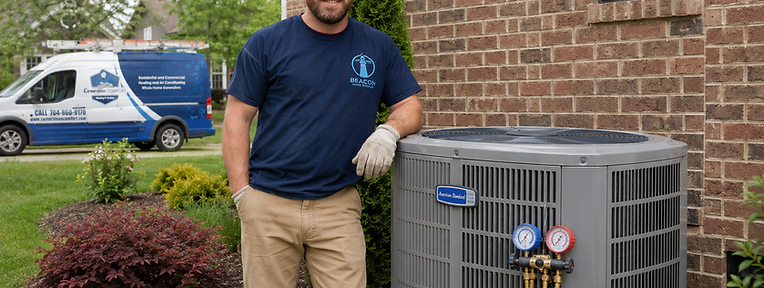Beacon technician servicing HVAC equipment to improve indoor air quality