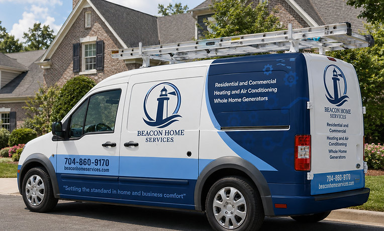 Beacon HVAC technician leaning on an American Standard air conditioning unit outside a Stanley, NC home