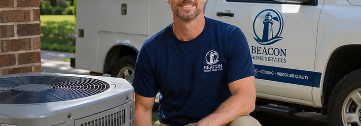 Beacon technician inspecting an outdoor air conditioning condenser unit
