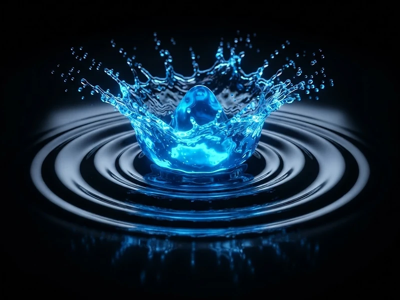 A single drop of electric blue liquid striking a black mirror surface at the moment of impact