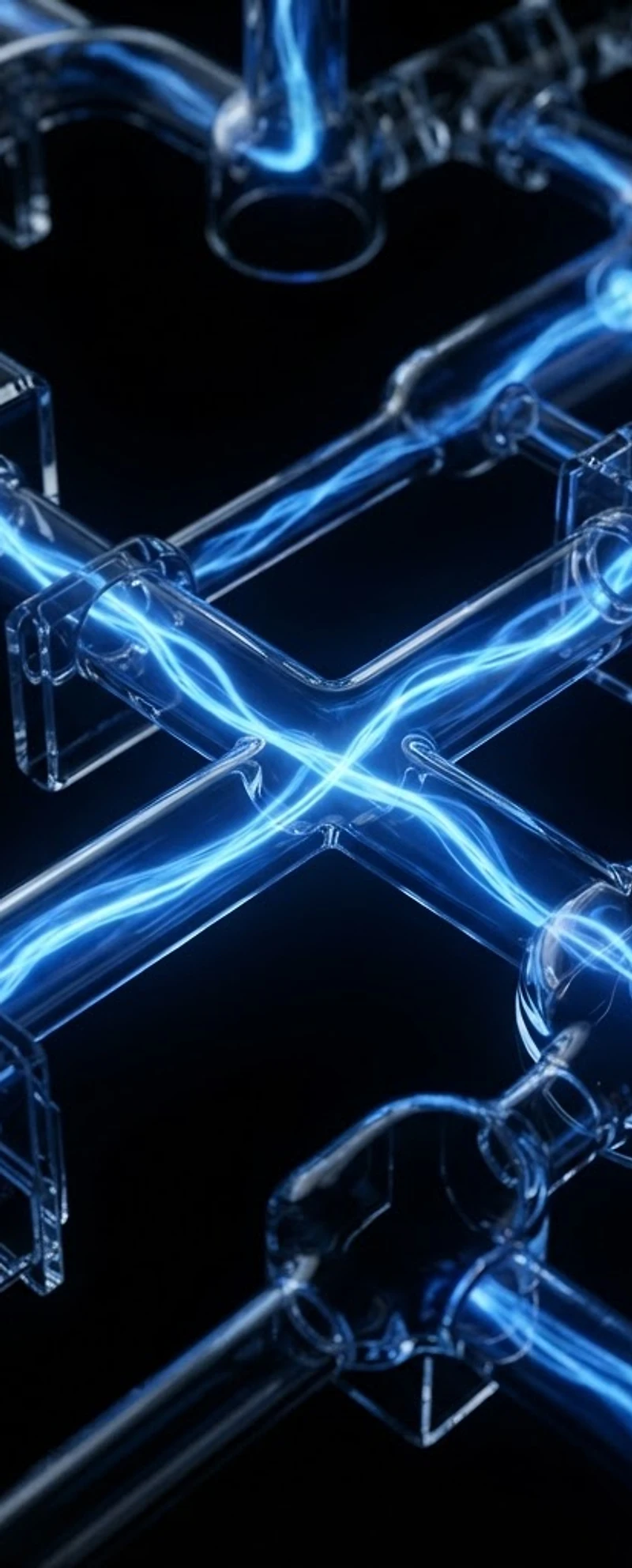 Abstract glass conduits with blue energy pulses flowing through them