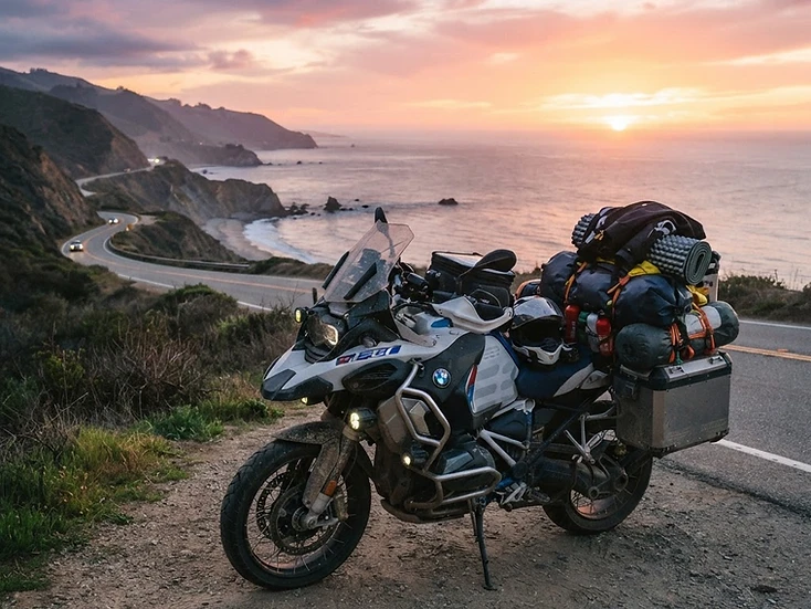 キャンプ用品を積んで海沿いの道に停めたツーリングバイク。バイクキャンプの積載の写真