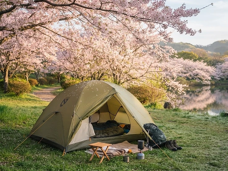満開の桜の下、芝生に張られたテントとピクニックシート。春のキャンプの写真