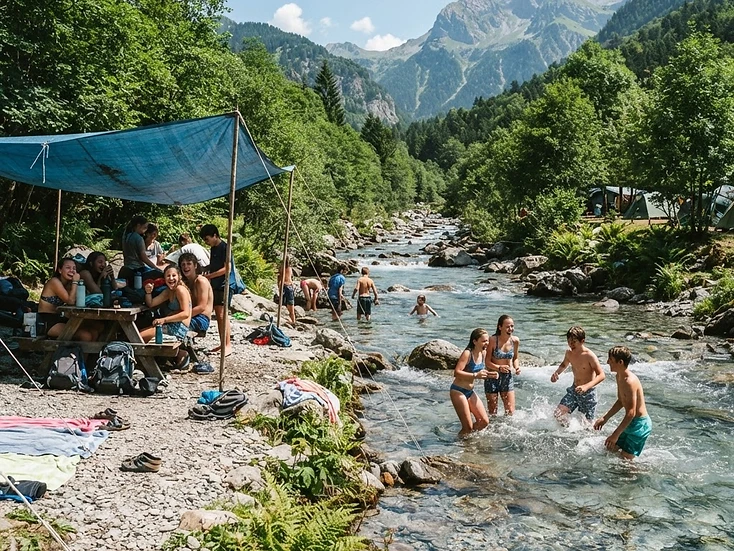 透き通る渓流のそばにタープとピクニックテーブルを広げた夏の川遊びキャンプの写真