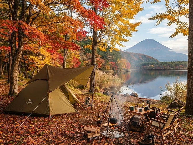 湖畔の紅葉の下、テントとタープを張り焚き火で湯を沸かす秋のキャンプの写真