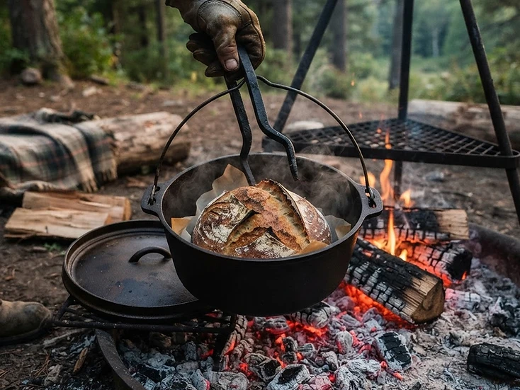 炭火からリフティングツールで持ち上げたダッチオーブンと焼きたてのパン。キャンプ調理の写真