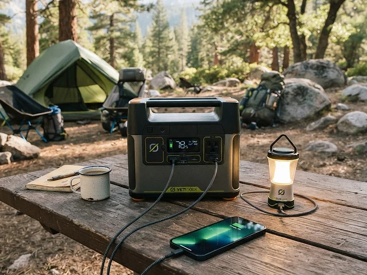 キャンプ場のテーブルでスマホやライトを充電するポータブル電源の写真