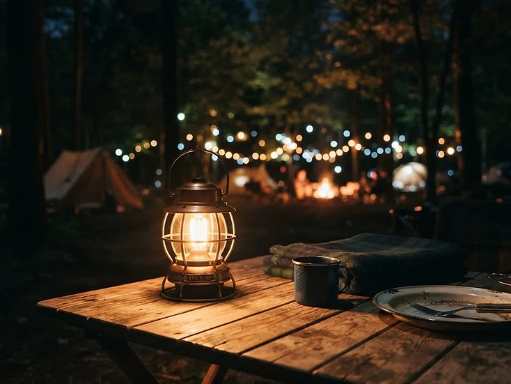 夜のキャンプのテーブルであたたかに灯るLEDランタンの写真