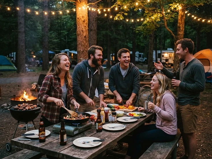 森のキャンプ場でグループのみんなが一緒にBBQをしながら料理する写真。グループキャンプのギア選び
