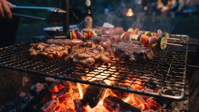 炭火の網で焼くキャンプのBBQ
