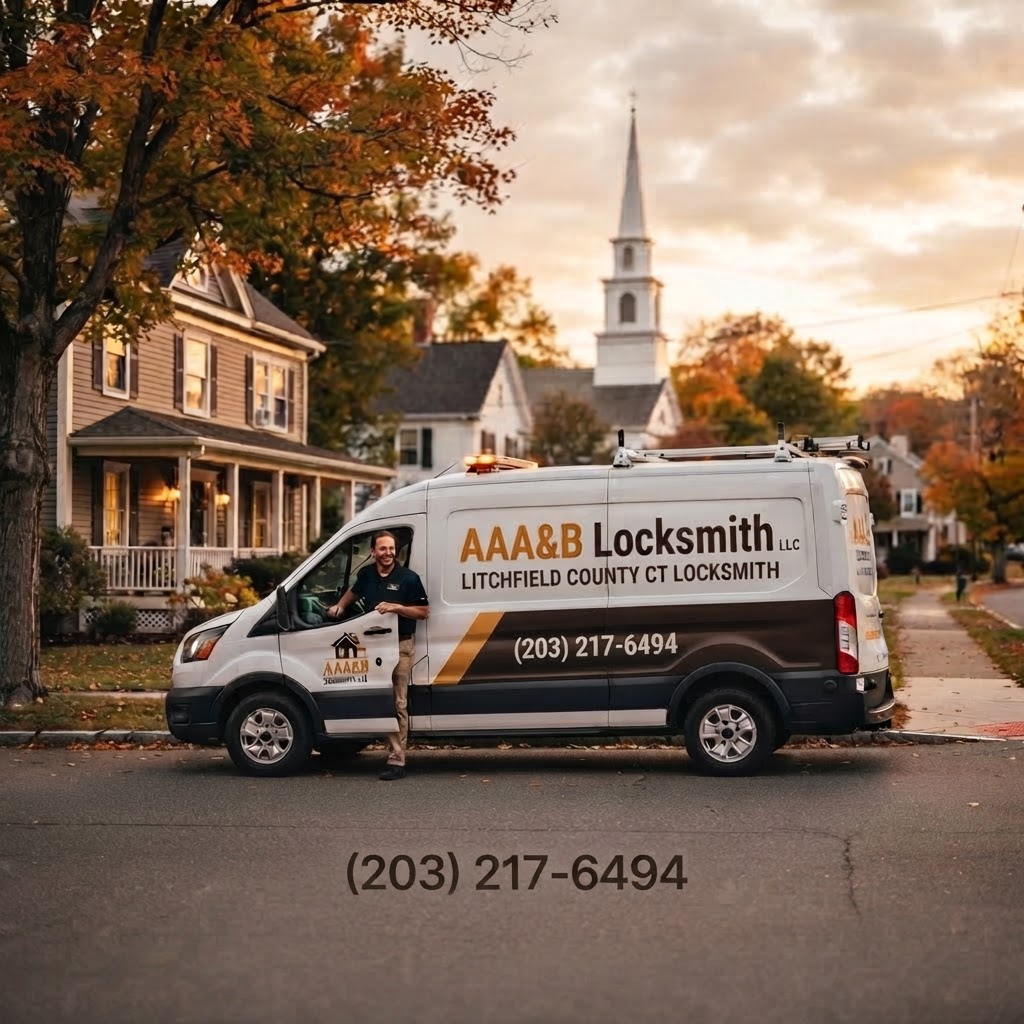 Litchfield County CT Locksmith · Mobile Service Van — AAA&B Locksmith LLC, Litchfield County, Connecticut Litchfield County CT Locksmith — AAA&B Locksmith LLC mobile service van on a Litchfield County, CT street, 24/7 emergency locksmith dispatch across all towns