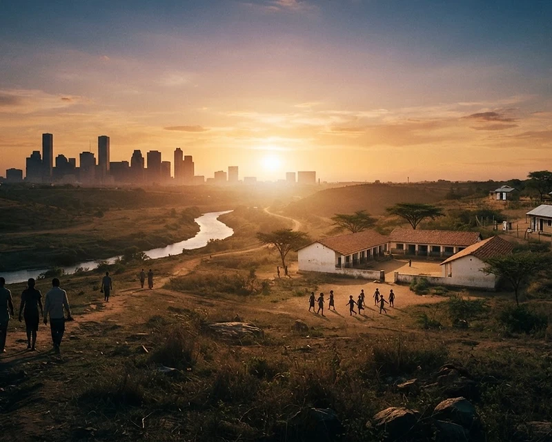 A monumental vista bridging Houston, India, and Africa at golden hour