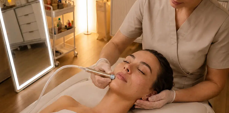 Editorial depiction of a client receiving microdermabrasion