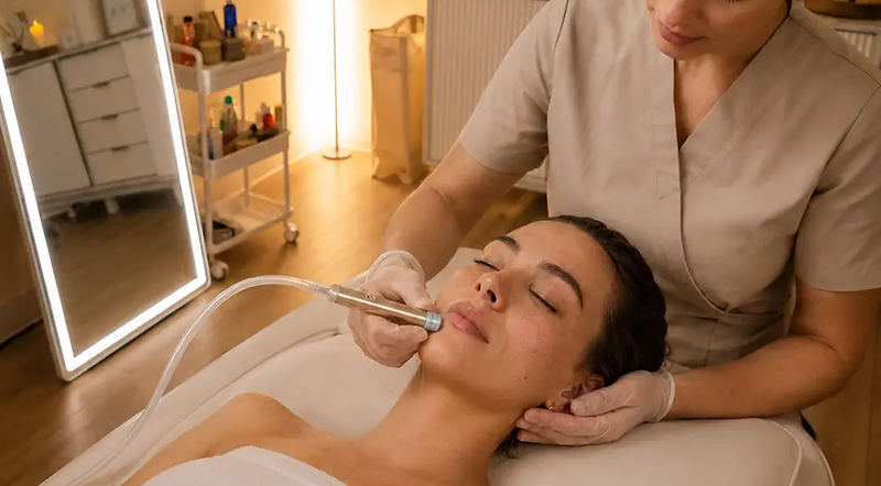 Editorial depiction of a client receiving microdermabrasion