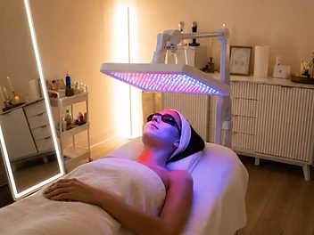 Editorial depiction of a client receiving multi-wavelength LED light therapy