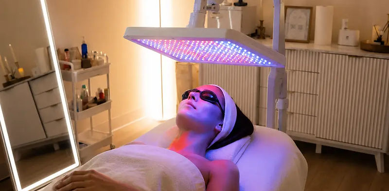 Editorial depiction of a client receiving multi-wavelength LED light therapy
