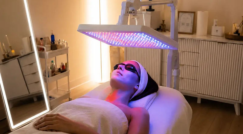 Editorial depiction of a client receiving multi-wavelength LED light therapy