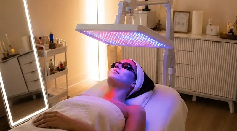 Editorial depiction of a client receiving multi-wavelength LED light therapy