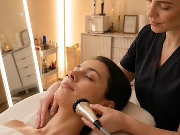 Editorial depiction of a client receiving radio-frequency skin tightening