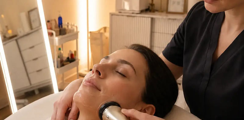 Editorial depiction of a client receiving radio-frequency skin tightening