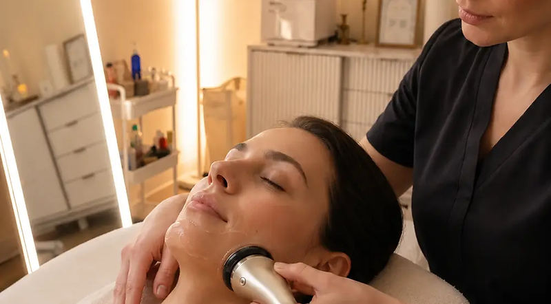 Editorial depiction of a client receiving radio-frequency skin tightening