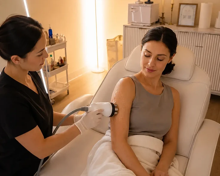 Editorial depiction of a client receiving radio-frequency body contouring in Serenity's treatment suite