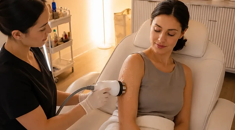 Editorial depiction of a client receiving radio-frequency body contouring in Pure Luminosity's treatment suite