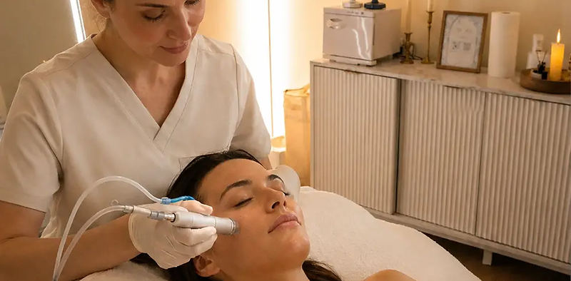 Editorial depiction of a client receiving a hydradermabrasion facial