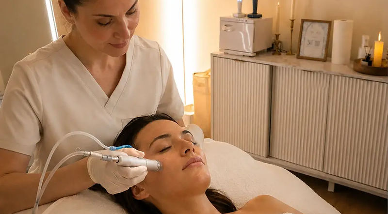 Editorial depiction of a client receiving a hydradermabrasion facial