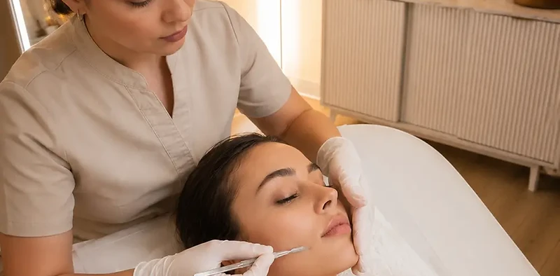 Editorial depiction of a professional dermaplaning treatment